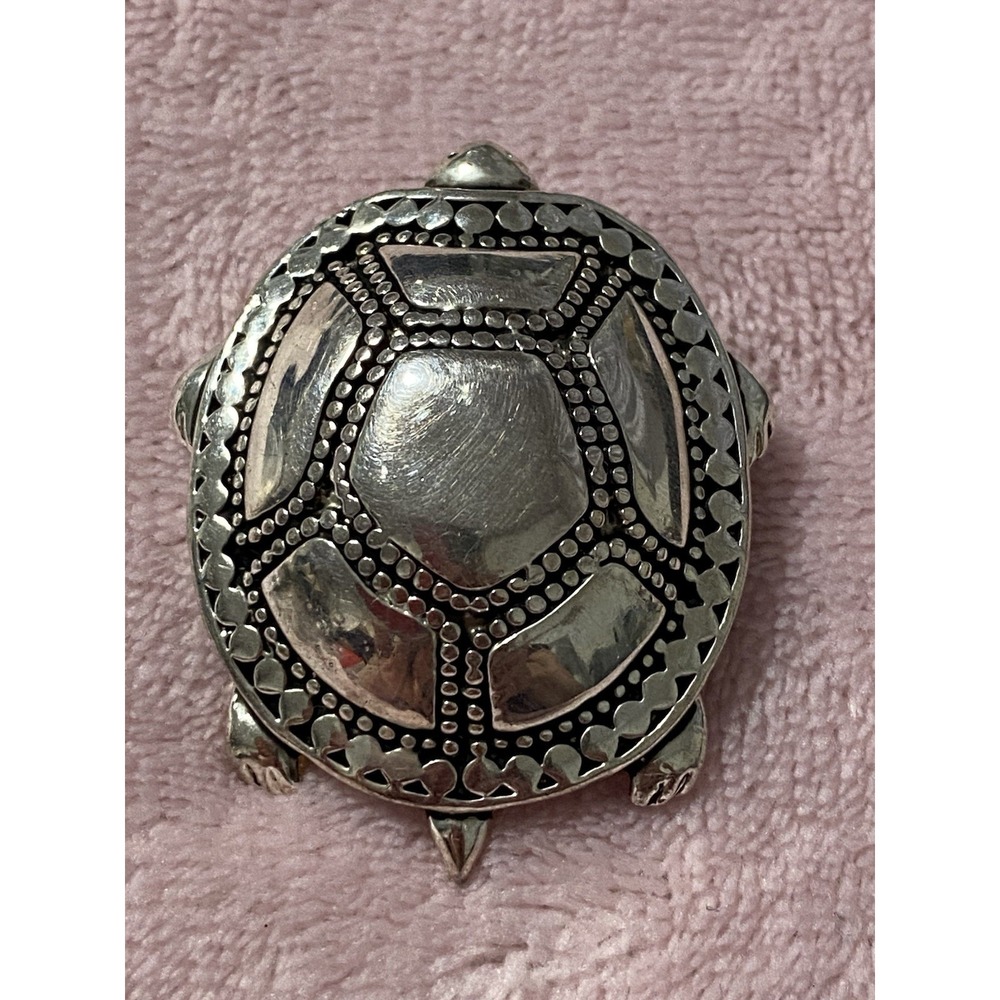 Vintage Silver Tone Turtle Brooch Pin Good Luck Charm Slowly But Shortly